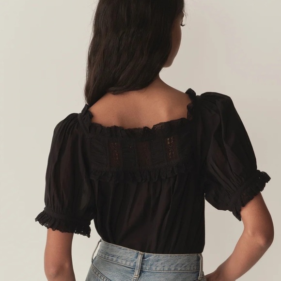 Doen Frances Cotton Voile Ruffle Lace Short Puff Sleeve Blouse Top Black - Picture 4 of 10